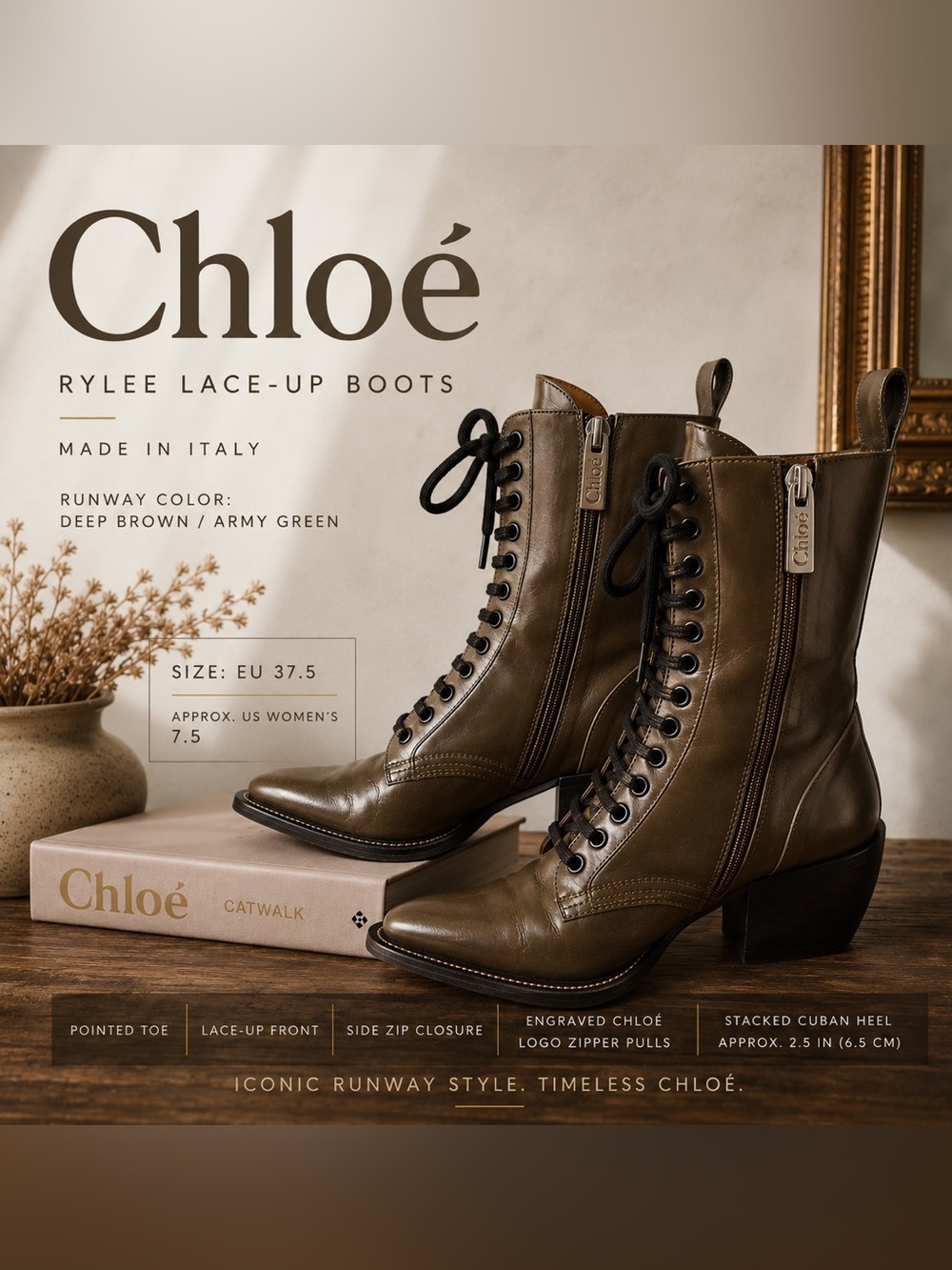 Authentic Chloe Rylee Boots 37.5 Brown Olive Leather Lace Up Italy Runway